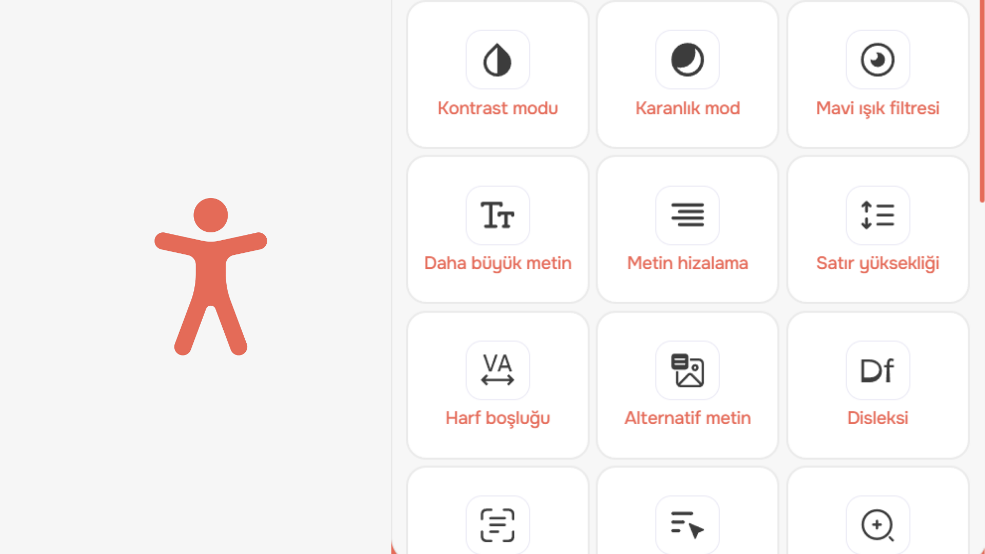 Turuncu renkli erişilebilirlik ikonu ile kontrast, karanlık mod, metin boyutu ve disleksi ayarlarını içeren Türkçe erişilebilirlik widget arayüzü.
