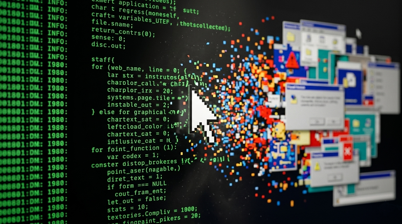 Terminal kodları bir fare imleciyle parçalanarak renkli bir kaos piksel bulutuna dönüşüyor.