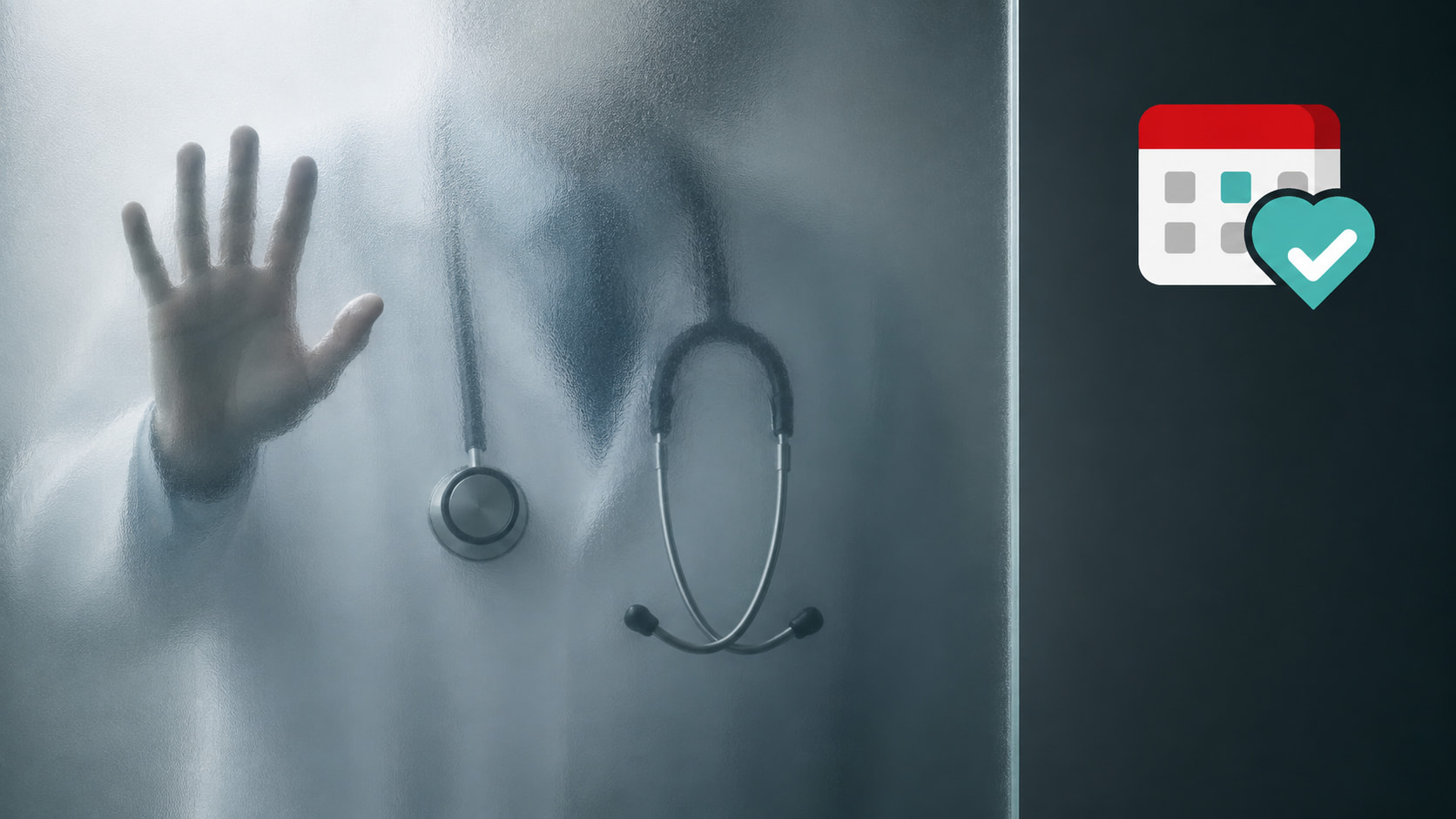 Bir doktor ve stetoskopu, buzlu cam bir levhanın arkasında erişilemiyor. MHRS Logosu sağ üstte