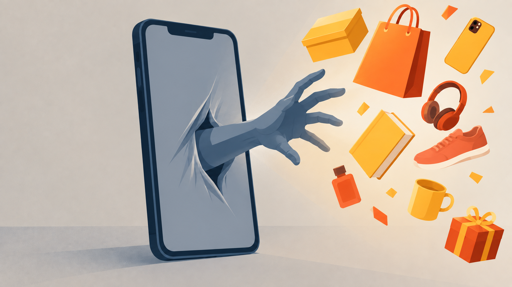 Telefon ekranından dışarı uzanan el, erişilemeyen alışveriş ürünlerine ulaşmaya çalışıyor