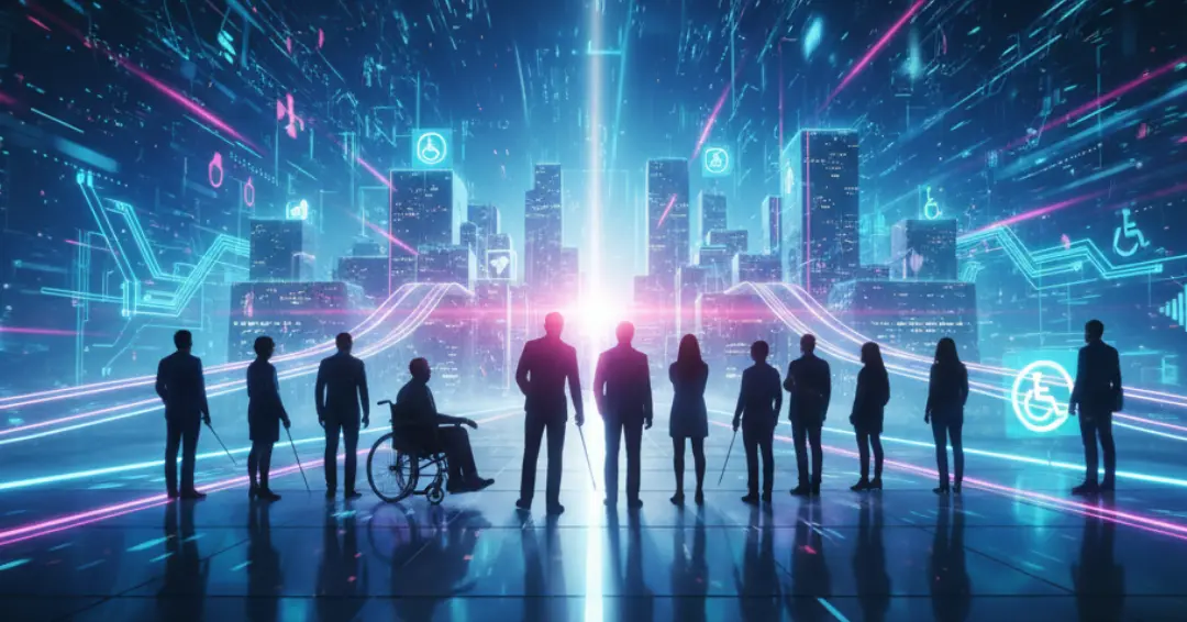 Parlak mavi ve pembe ışıklarla aydınlatılmış fütüristik bir dijital şehir manzarası önünde silüet halinde duran bir grup insan gösteriliyor. Grubun ortasında bir kişi tekerlekli sandalyede otururken, diğer bireyler destek çubukları tutuyor. Şehrin üzerinde, tekerlekli sandalye ve beyaz baston kullanan kişilere atıfta bulunan belirgin erişilebilirlik simgeleri yer alıyor. 