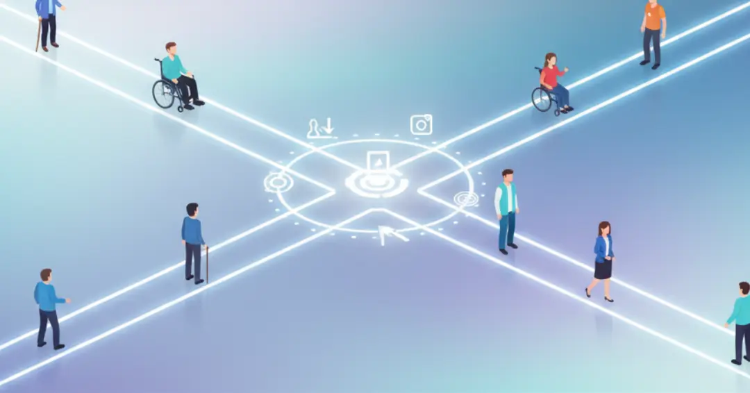 Parlak, dijital hatlarla oluşturulmuş soyut bir kavşakta duran ve yürüyen çeşitli insan figürleri gösteriliyor. Figürler arasında tekerlekli sandalyede oturan bir kadın ve bir erkek ile beyaz destek çubuğu kullanan bireyler yer alıyor. Görsel, dijital bir merkez etrafında kapsayıcılık ve erişilebilirlik temalarını temsil eden bir illüstrasyondur.