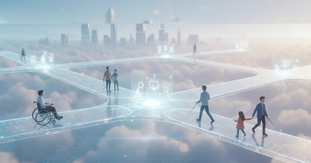 Bulutların üzerinde, fütüristik bir şehir silüetine doğru uzanan parlayan, dijital bir yollar ağında yürüyen insanlar gösteriliyor. Grupta, yolda ilerleyen tekerlekli sandalyede bir adam ve elinde beyaz destek çubuğuyla yürüyen bir adam gibi farklı bireyler yer alıyor. Görsel, erişilebilir bir teknolojik gelecekte tüm insanların eşit fırsatlara sahip olduğunu simgeliyor.