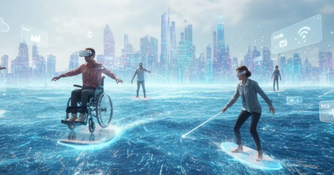 Fütüristik bir şehir manzarası önünde, dijital bir okyanus üzerinde sörf yapan insanlar gösteriliyor. Ön planda, tekerlekli sandalyede oturan, başlık takan bir adam ve elinde beyaz bastona benzer bir çubuk tutan bir kadın görülüyor. Görsel, teknolojinin sunduğu erişilebilir ve kapsayıcı sanal deneyimleri vurguluyor.