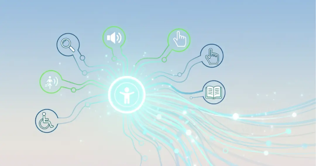 Erişilebilirlik konseptini temsil eden illüstrasyon: Ortada insan figürü simgesi yer alıyor ve çevresine bağlantılı olarak büyüteç, ses, işaret dili, kitap, tekerlekli sandalye ve hareket ikonları uzanıyor. Arka planda mavi tonlarda akış çizgileri ve dijital veri efektleri bulunuyor.