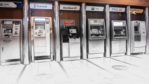 Yanyana ATM'ler yukarıdan aşağıya renkliden, siyah beyaza geçerek silikleşiyor.