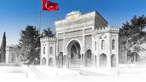 İstanbul Üniversite'nin renkliden siyah beyaz ve karakaleme geçerek silikleştiği görsel.