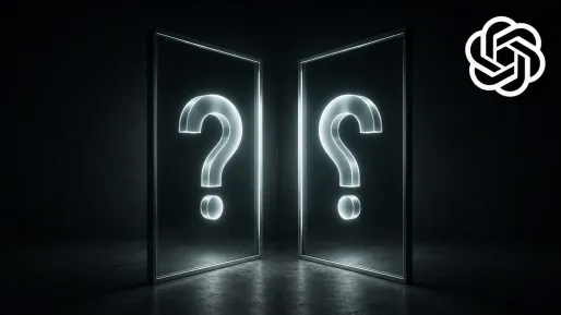 Karşı karşıya 2 ayna. Birinde soru işareti, ötekinde soru işaretinin yansıması ve Chat GPT ikonu