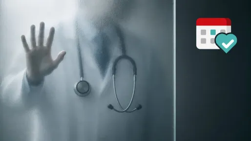 Bir doktor ve stetoskopu, buzlu cam bir levhanın arkasında erişilemiyor. MHRS Logosu sağ üstte