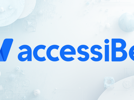 Açık gri, teknoloji temalı soyut bir arka plan üzerinde mavi tonlarda “accessiBe” logosu yer alıyor.