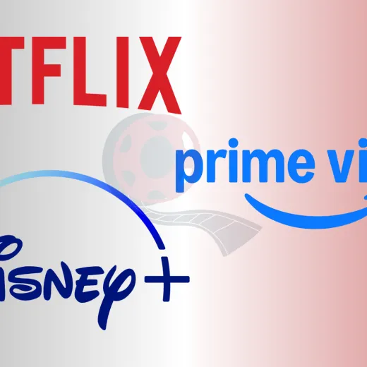 Netflix, Prime Video ve Disney+ logoları olan bir görsel, sağ üst köşede scene2, take1 yazan , sol alt köşede mısır illüstürasyonu.