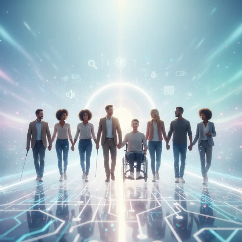 Yedi farklı etnik kökenden, altı ayakta ve bir tekerlekli sandalyede oturan engelli bireylerden oluşan bir grup, el ele tutuşarak dijital bir platformun üzerinde, aydınlık bir tünelden bize doğru yürüyor.