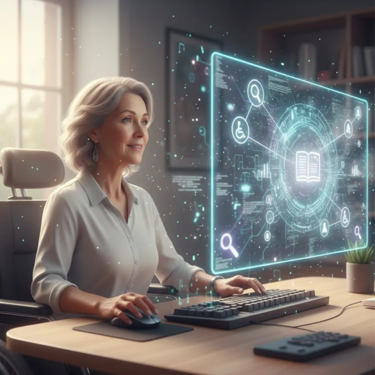 Modern bir ofiste bilgisayar başında çalışan olgun bir kadın, dijital arayüzde veri ve bağlantı ağlarını analiz ederken görülüyor.