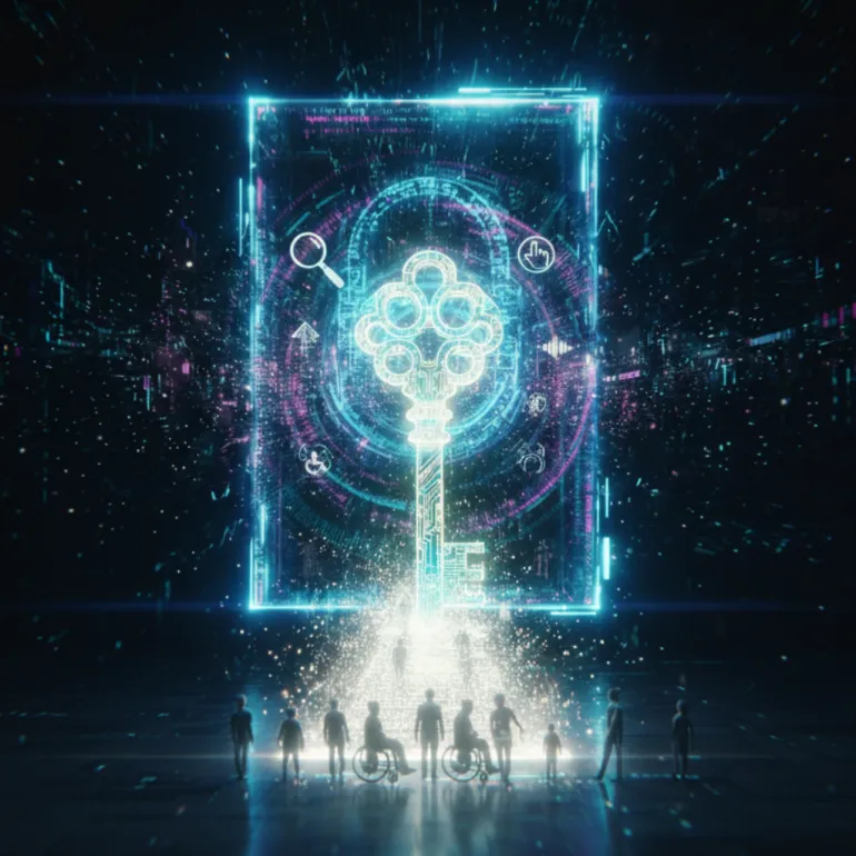 Karanlık, parıldayan dijital bir alanda, üzerinde çeşitli erişilebilirlik sembollerinin bulunduğu devasa, neon ışıklı bir anahtar ve etrafında bir kapı veya portal yer alıyor. Anahtarın altından yükselen parlak bir ışık yolu üzerinde, farklı boyutlarda ve tekerlekli sandalyeli bireylerin de bulunduğu bir grup insan figürü öne doğru bakıyor.