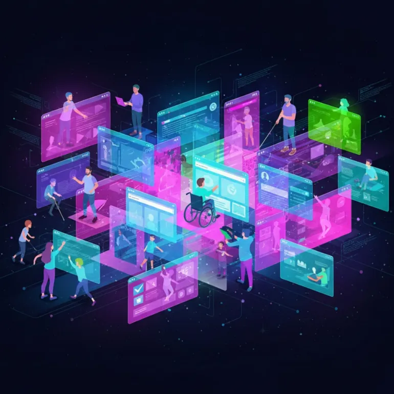  Bir grup insanın karanlık, fütüristik bir ortamda, parlak neon pembe ve camgöbeği renkli sanal ekranlar veya paneller etrafında etkileşimde bulunduğunu gösteren izometrik bir illüstrasyon. İnsanlar arasında tekerlekli sandalyede oturan bir kişi ve bir bastonla gezinen bir kişi de dahil olmak üzere farklı yeteneklere sahip kişiler bulunmaktadır, bu da dijital erişilebilirliği ve kapsayıcılığı simgeler. Ekranlar bilgi, grafik ve etkileşimli içerikler içeriyor gibi görünmektedir.