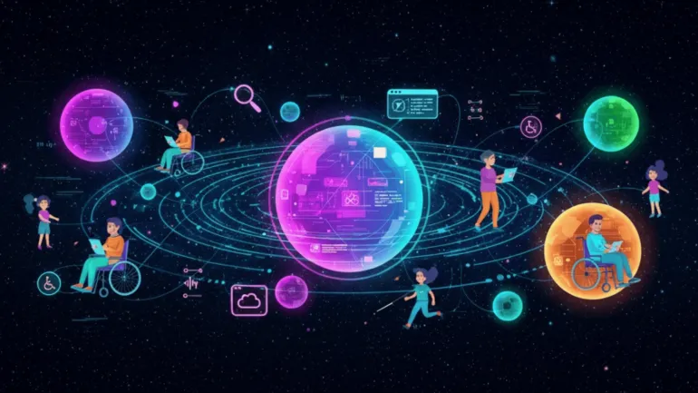 Dijital bir evreni temsil eden, mor ve mavi neon ışıklarla parlayan bir gezegen ve yörüngesel halkaların etrafında, çeşitli kullanıcılar (tekerlekli sandalyede oturan, ayakta duran) laptoplarla çalışırken gösteriliyor. Etrafta arama, bulut hizmetleri, erişilebilirlik (tekerlekli sandalye) ve veri akışını temsil eden fütüristik kullanıcı arayüzü (UI) ikonları yer alıyor.