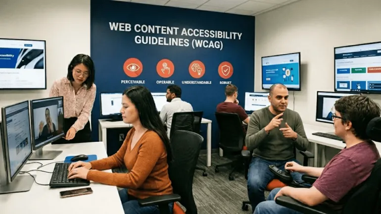 Bir ofis ortamında farklı ekip üyeleri bilgisayar başında web erişilebilirliği üzerine çalışıyor. Arka duvarda ‘Web Content Accessibility Guidelines (WCAG)’ yazısı ve ‘Perceivable, Operable, Understandable, Robust’ başlıkları yer alıyor. Bir kişi işaret diliyle iletişim kurarken, diğerleri ekranlarında web arayüzlerini inceliyor ve test ediyor.