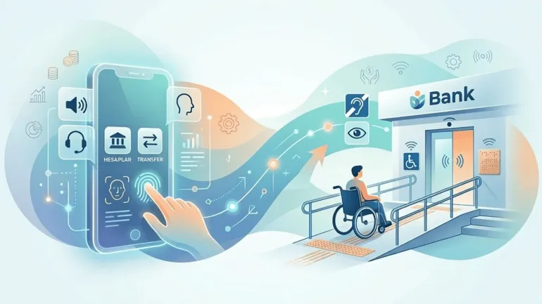 Erişilebilirlik ve teknolojiyi simgeleyen illüstrasyon: Bir yanda akıllı telefon kullanan bir el, diğer yanda rampa üzerinde tekerlekli sandalyeli bir birey; aralarında ise görme, işitme ve fiziksel engel sembollerini içeren akışkan bir veri yolu.