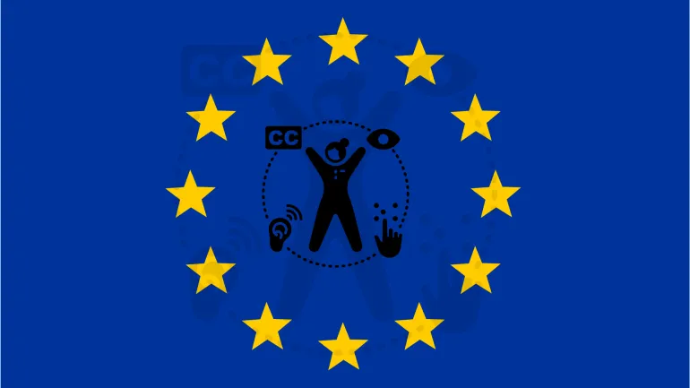 Avrupa Birliği bayrağı üzerinde, merkezdeki bir insan figürünün etrafında yer alan çeşitli erişilebilirlik ikonları (altyazı, görme, işitme, dokunma).