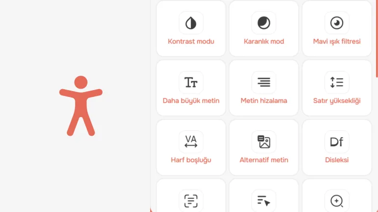 Turuncu renkli erişilebilirlik ikonu ile kontrast, karanlık mod, metin boyutu ve disleksi ayarlarını içeren Türkçe erişilebilirlik widget arayüzü.