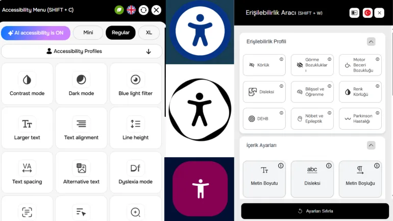 Erişilebilirlik widgetı arayüzü: Kontrast, metin boyutu ve özel engel grupları için yapılandırılmış dijital erişilebilirlik aracı görselleri.