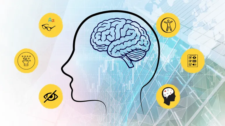 Merkezdeki insan beyni figürü etrafına yerleştirilmiş 6 farklı erişilebilirlik sembolüyle engelli bireylerin dijital dünyadaki ihtiyaçlarını simgeliyor. Sarı daireler içindeki bu ikonlar; görme, işitme, bedensel ve bilişsel engel gruplarına yönelik altyazı (CC), Braille, sesli betimleme ve basitleştirilmiş içerik gibi çözümleri temsil ediyor. Arka plandaki veri ağı görseli bulunuyor.