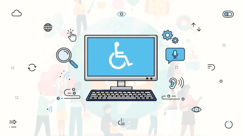 Ekranında evrensel erişilebilirlik sembolü olan bir bilgisayar, çevresinde yer alan ve konuşma, büyüteç, ayarlar ve jestler gibi çeşitli engelsiz dijital araçları temsil eden ikonlarla tasvir edilmiştir.