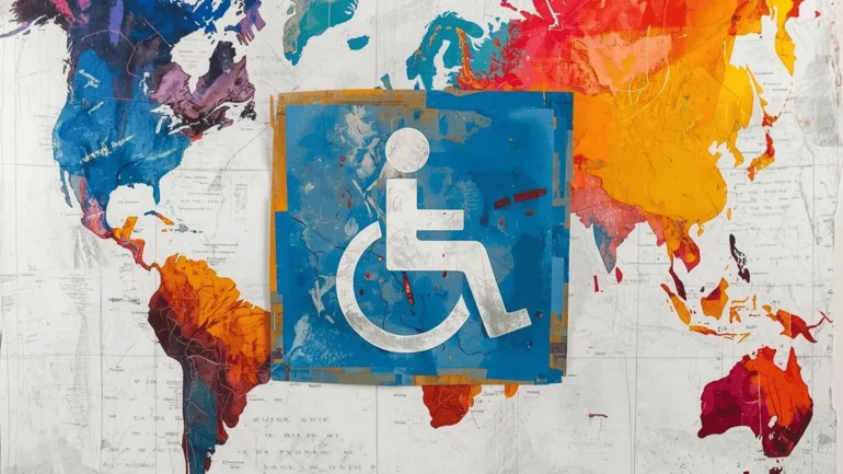 Renkli bir dünya haritası üzerine yerleştirilmiş, mavi zeminli tekerlekli sandalye erişilebilirlik sembolü görülüyor.