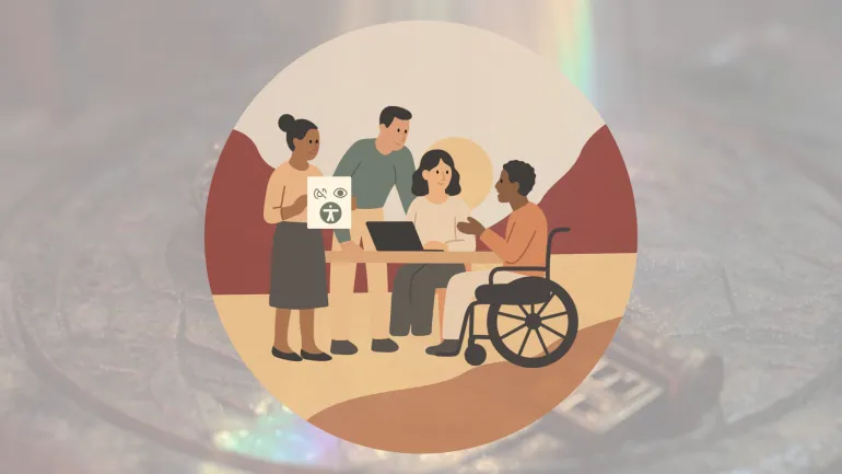 Çeşitli bir grup insan bir araya gelmiş çalışıyor: ayakta duran iki kişi ve oturan biri, dizüstü bilgisayarın etrafında toplantı yapıyor; dördüncü kişi tekerlekli sandalyede oturup belgeye bakıyor. Sıcak toprak tonlarında, kapsayıcılığı vurgulayan düz illüstrasyon tarzı bir görsel.