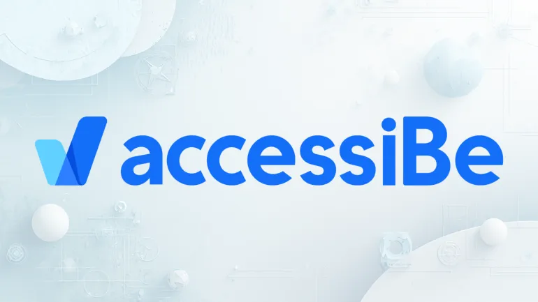 Açık gri, teknoloji temalı soyut bir arka plan üzerinde mavi tonlarda “accessiBe” logosu yer alıyor.