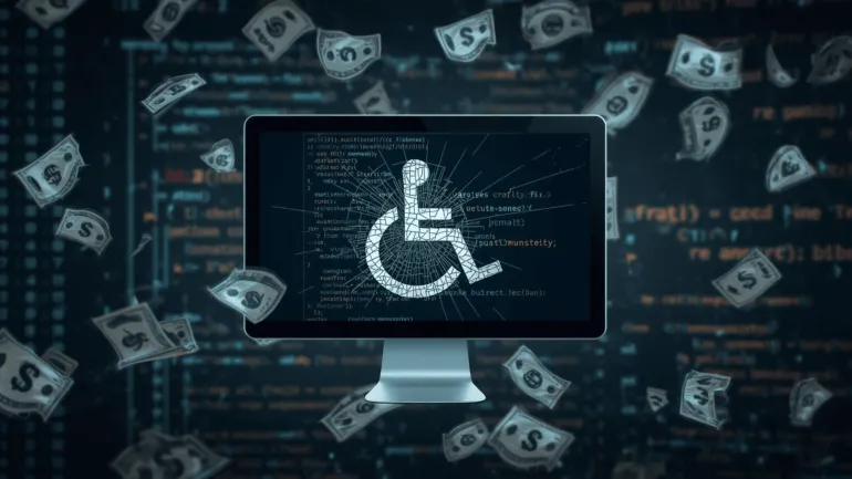Bilgisayar ekranında beyaz bir engelli sembolü, ekranın arkasında akan yazılım kodları ve havada uçuşan banknotların bulunduğu dijital bir görsel.