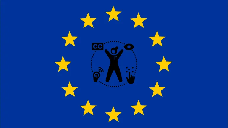 Avrupa Birliği bayrağının merkezinde yer alan siyah bir erişilebilirlik grafiği. Grafiğin içinde kollarını kaldırmış bir insan figürü; çevresinde ise görme, duyma, dokunma (Braille) ve kapalı altyazı (CC) sembolleri kesikli bir daire içinde yer alıyor.