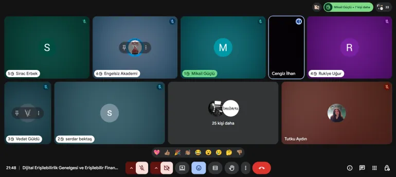 Çevrim içi toplantı ekran görüntüsü. Bir video konferans uygulamasında çoklu katılımcı görünümü yer alıyor.