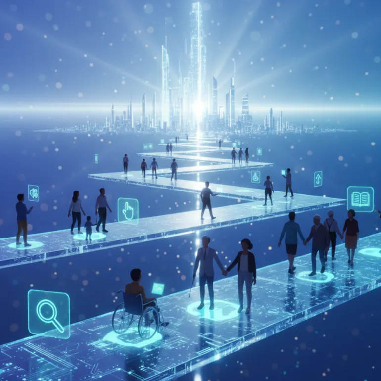 Yüksek teknolojili, parlak mavi bir ortamda, fütüristik bir şehir silüetine doğru uzanan zikzaklı, dijital devre yolları üzerinde çeşitli insan grupları (tekerlekli sandalyeli ve bastonlu bireyler dahil) yürüyor. Yolun üzerinde beliren arama, kitap ve erişilebilirlik sembolleri, kapsayıcılık, erişilebilirlik ve bilgiye dayalı dijital bir geleceğe (Akıllı Şehir) doğru ortak ilerlemeyi vurguluyor.