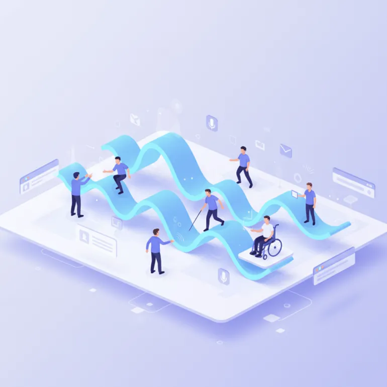 Dijital erişilebilirlik kavramını temsil eden, farklı engel gruplarından kullanıcıların teknolojiyle etkileşimini gösteren 3D illüstrasyon.