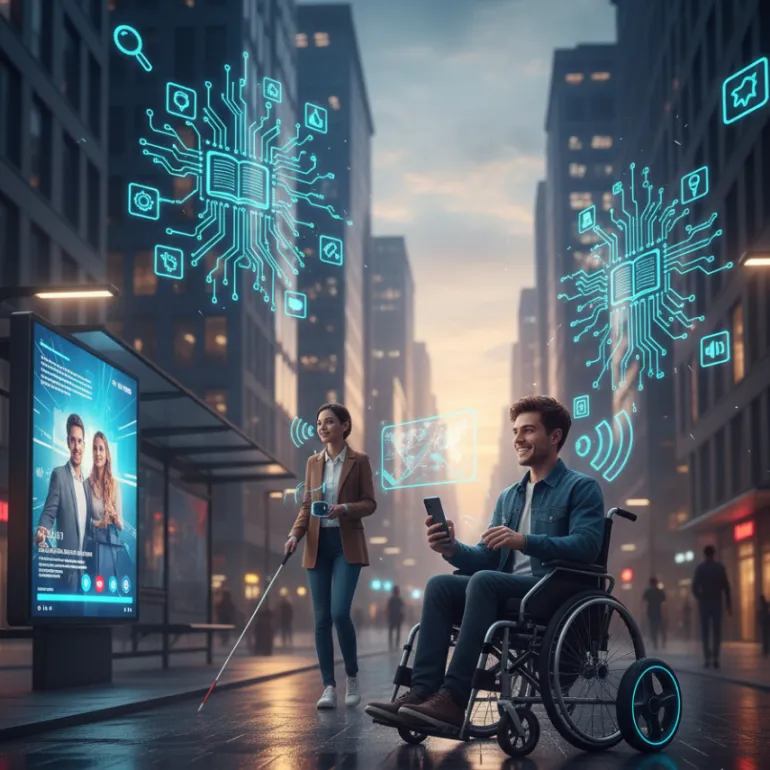 Dijital teknolojilerin (neon mavi simgeler ve arayüzler) entegre olduğu modern bir şehir caddesi sahnesinde, tekerlekli sandalyeli bir adam ve beyaz bastonlu bir kadının bulunduğu ve erişilebilirlik ile dijital bağlantı temasını vurgulayan görsel