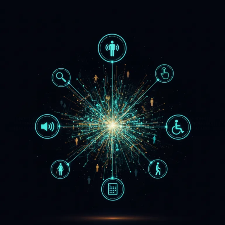 Merkezinde parlak bir ağın bulunduğu dijital bir görselde, turkuaz ve altın rengi sinir yolları etrafa yayılıyor. Bu merkezi yapı, etrafında halka şeklinde dizilmiş sekiz turkuaz simge ile bağlantılıdır. Bu simgeler, tekerlekli sandalye ve baston gibi erişilebilirlik sembollerini, dokunmatik etkileşimi, ses ve arama işlevlerini temsil ederek, kapsayıcı ve erişilebilir dijital teknolojilerin farklı kullanıcı türlerini merkezi bir sisteme bağladığını vurguluyor.