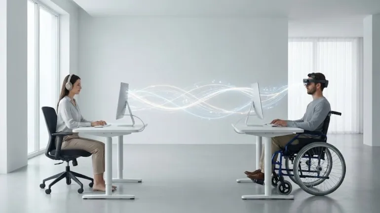 Minimalist bir ofiste karşılıklı iki masa: Solda kulaklık takmış bir kadın bilgisayarda çalışıyor, sağda tekerlekli sandalyedeki bir erkek AR/VR gözlüğüyle bilgisayar kullanıyor; iki ekran arasında dijital veri akışını simgeleyen ışık efektleri yer alıyor.