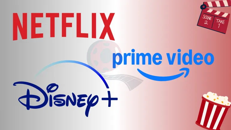 Netflix, Prime Video ve Disney+ logoları olan bir görsel, sağ üst köşede scene2, take1 yazan , sol alt köşede mısır illüstürasyonu.