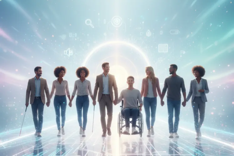 Yedi farklı etnik kökenden, altı ayakta ve bir tekerlekli sandalyede oturan engelli bireylerden oluşan bir grup, el ele tutuşarak dijital bir platformun üzerinde, aydınlık bir tünelden bize doğru yürüyor.