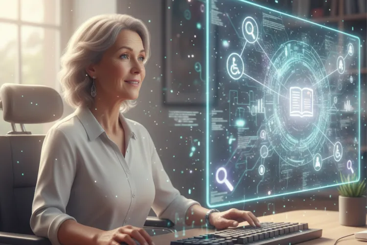 Modern bir ofiste bilgisayar başında çalışan olgun bir kadın, dijital arayüzde veri ve bağlantı ağlarını analiz ederken görülüyor.