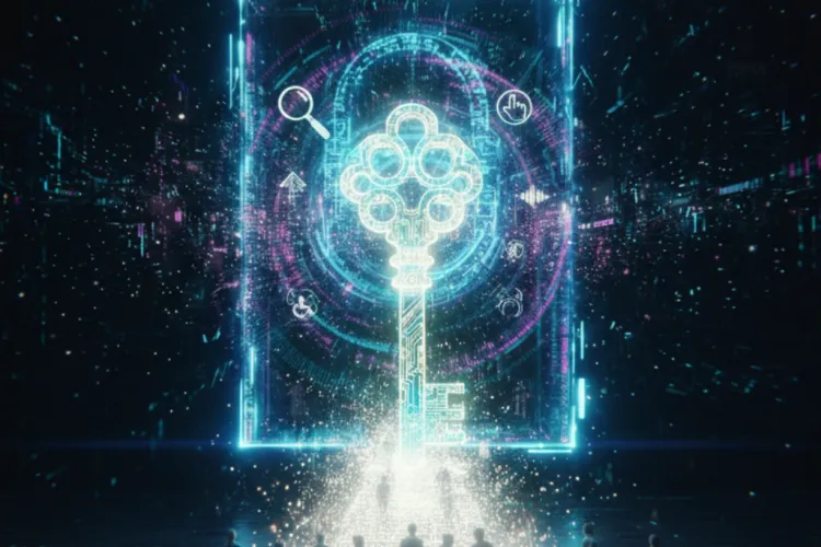 Karanlık, parıldayan dijital bir alanda, üzerinde çeşitli erişilebilirlik sembollerinin bulunduğu devasa, neon ışıklı bir anahtar ve etrafında bir kapı veya portal yer alıyor. Anahtarın altından yükselen parlak bir ışık yolu üzerinde, farklı boyutlarda ve tekerlekli sandalyeli bireylerin de bulunduğu bir grup insan figürü öne doğru bakıyor.