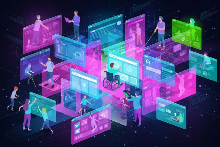  Bir grup insanın karanlık, fütüristik bir ortamda, parlak neon pembe ve camgöbeği renkli sanal ekranlar veya paneller etrafında etkileşimde bulunduğunu gösteren izometrik bir illüstrasyon. İnsanlar arasında tekerlekli sandalyede oturan bir kişi ve bir bastonla gezinen bir kişi de dahil olmak üzere farklı yeteneklere sahip kişiler bulunmaktadır, bu da dijital erişilebilirliği ve kapsayıcılığı simgeler. Ekranlar bilgi, grafik ve etkileşimli içerikler içeriyor gibi görünmektedir.