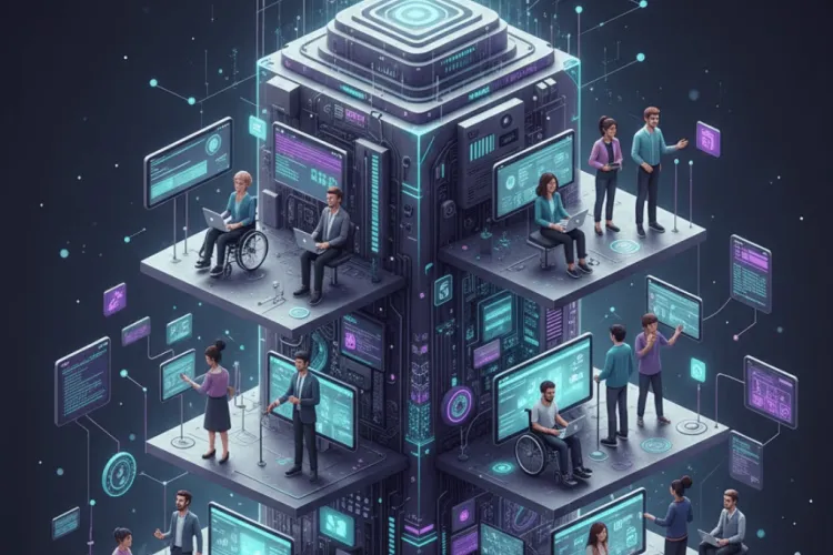  Koyu, fütüristik bir arka planda, merkezinde neon mavi ve mor ışıklarla aydınlatılmış, katmanlı, kule benzeri bir yapıya sahip, izometrik, dijital illüstrasyon. Kulenin tepesinde uluslararası erişilebilirlik sembolü (tekerlekli sandalyedeki kişi) yer almaktadır. Kulenin her bir katında, etraflarında parlak ekranlar ve arayüzlerle bilgisayarlarda çalışan veya etkileşimde bulunan insanlar bulunmaktadır. Bazı kişiler tekerlekli sandalyededir, bu da dijital kapsayıcılığı ve teknolojiye erişimi simgeler.