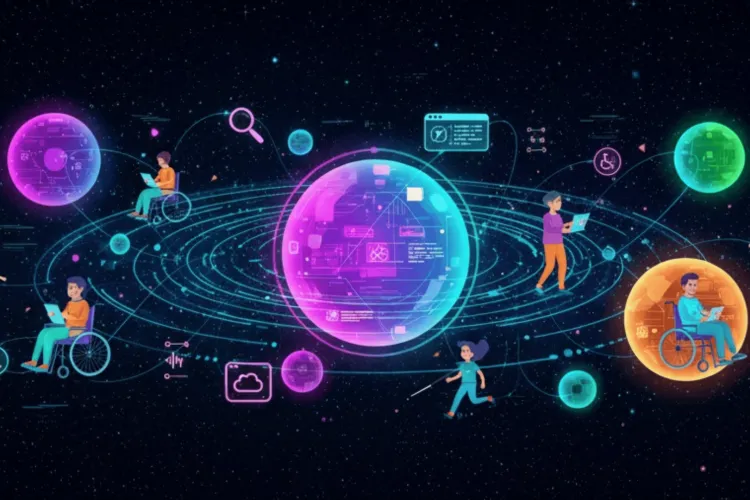 Dijital bir evreni temsil eden, mor ve mavi neon ışıklarla parlayan bir gezegen ve yörüngesel halkaların etrafında, çeşitli kullanıcılar (tekerlekli sandalyede oturan, ayakta duran) laptoplarla çalışırken gösteriliyor. Etrafta arama, bulut hizmetleri, erişilebilirlik (tekerlekli sandalye) ve veri akışını temsil eden fütüristik kullanıcı arayüzü (UI) ikonları yer alıyor.