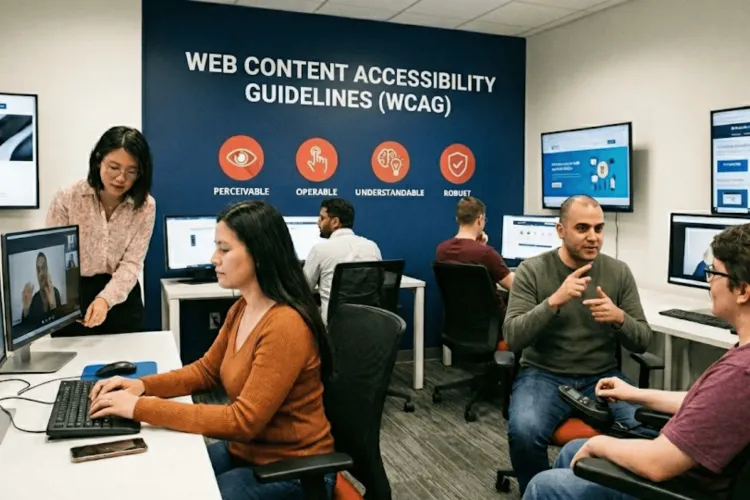 Bir ofis ortamında farklı ekip üyeleri bilgisayar başında web erişilebilirliği üzerine çalışıyor. Arka duvarda ‘Web Content Accessibility Guidelines (WCAG)’ yazısı ve ‘Perceivable, Operable, Understandable, Robust’ başlıkları yer alıyor. Bir kişi işaret diliyle iletişim kurarken, diğerleri ekranlarında web arayüzlerini inceliyor ve test ediyor.