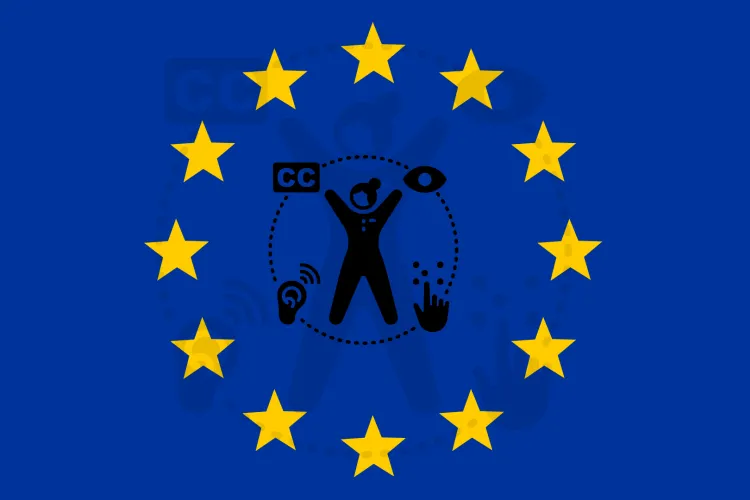 Avrupa Birliği bayrağı üzerinde, merkezdeki bir insan figürünün etrafında yer alan çeşitli erişilebilirlik ikonları (altyazı, görme, işitme, dokunma).