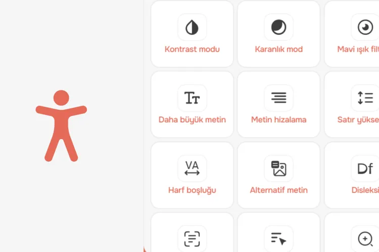 Turuncu renkli erişilebilirlik ikonu ile kontrast, karanlık mod, metin boyutu ve disleksi ayarlarını içeren Türkçe erişilebilirlik widget arayüzü.