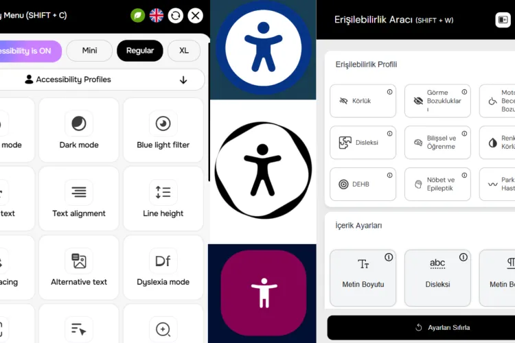 Erişilebilirlik widgetı arayüzü: Kontrast, metin boyutu ve özel engel grupları için yapılandırılmış dijital erişilebilirlik aracı görselleri.