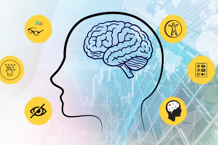Merkezdeki insan beyni figürü etrafına yerleştirilmiş 6 farklı erişilebilirlik sembolüyle engelli bireylerin dijital dünyadaki ihtiyaçlarını simgeliyor. Sarı daireler içindeki bu ikonlar; görme, işitme, bedensel ve bilişsel engel gruplarına yönelik altyazı (CC), Braille, sesli betimleme ve basitleştirilmiş içerik gibi çözümleri temsil ediyor. Arka plandaki veri ağı görseli bulunuyor.